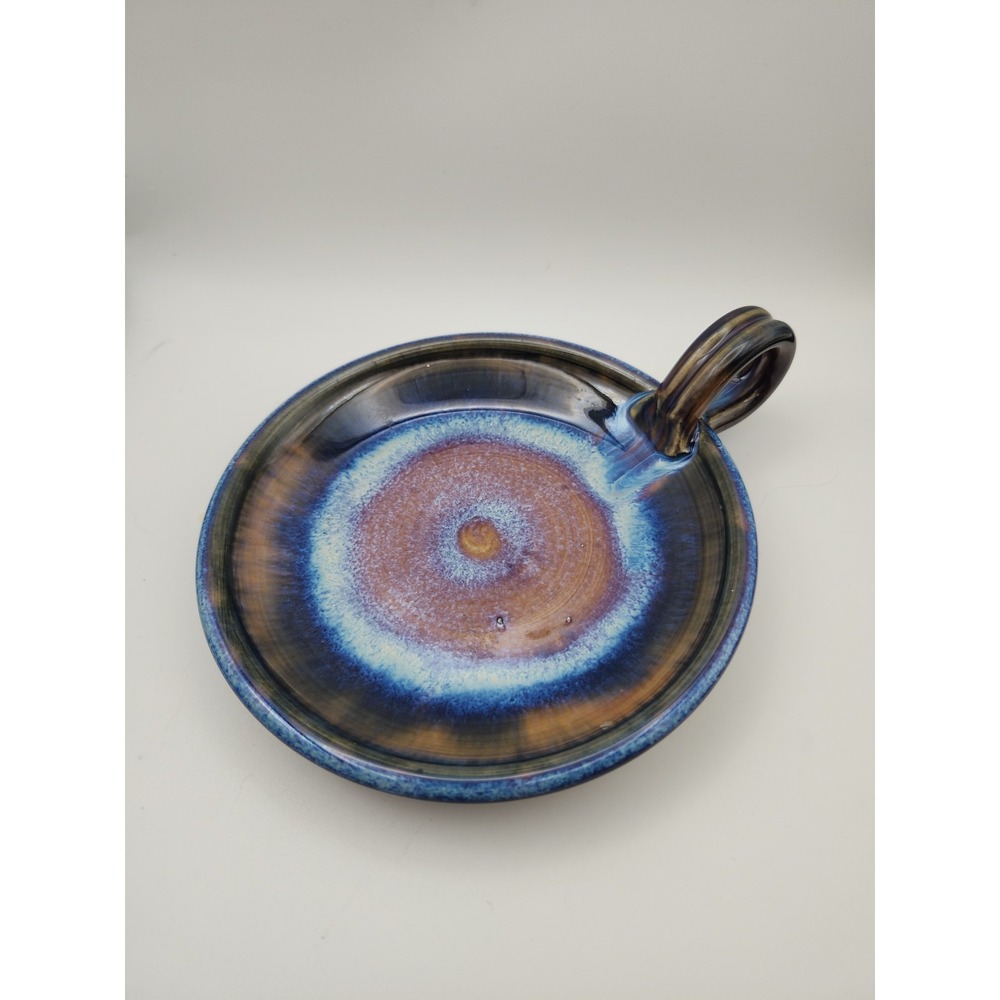 Greg Olson Signed Studio Art Pottery Blue Drip Stoneware Dish Chamberstick